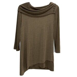 Chicos Travelers Womens Slinky Knit Brown Gold Ribbed Asymmetric Hem Top Sz 0 S